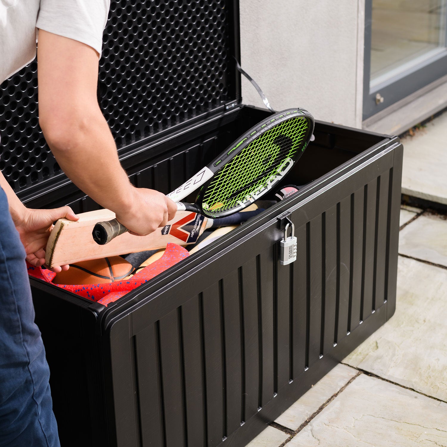 Olsen & Smith 270L Sit-On Outdoor Garden Storage Box Shed With Padlock - Weatherproof with Wood Effect Chest (270 Litre, Black)