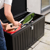 Olsen & Smith 270L Sit-On Outdoor Garden Storage Box Shed With Padlock - Weatherproof with Wood Effect Chest (270 Litre, Black)