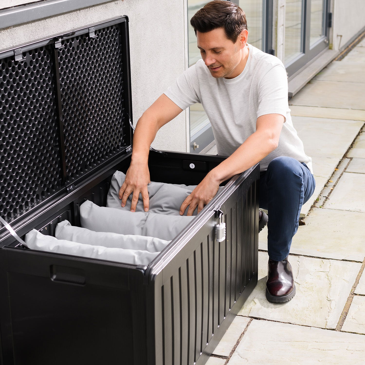 Olsen & Smith 270L Sit-On Outdoor Garden Storage Box Shed With Padlock - Weatherproof with Wood Effect Chest (270 Litre, Black)