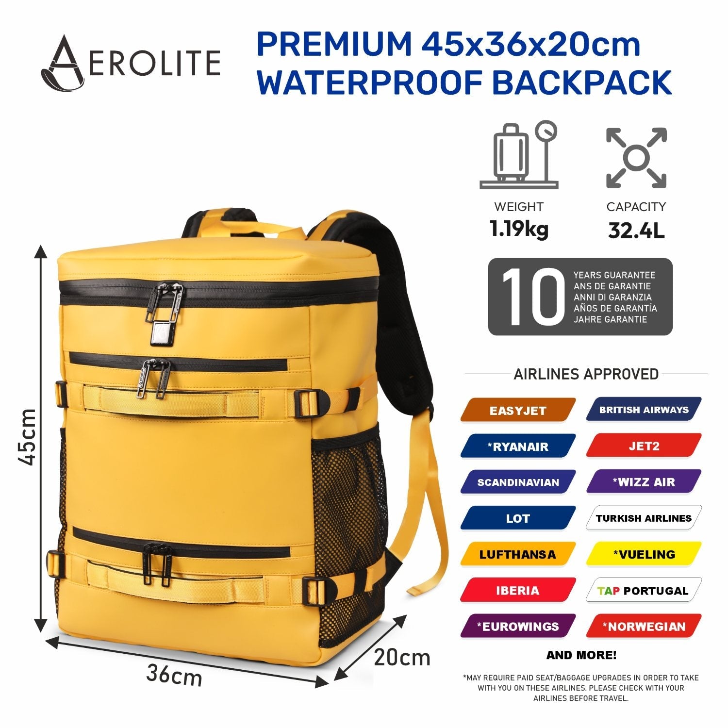 Aerolite Waterproof Backpack – Easyjet Maximum Underseat Size 45×36×20cm, 32L Cabin Rucksack with 15.6″ Laptop Sleeve, Multiple Pockets & Travel-Friendly Features – Mango