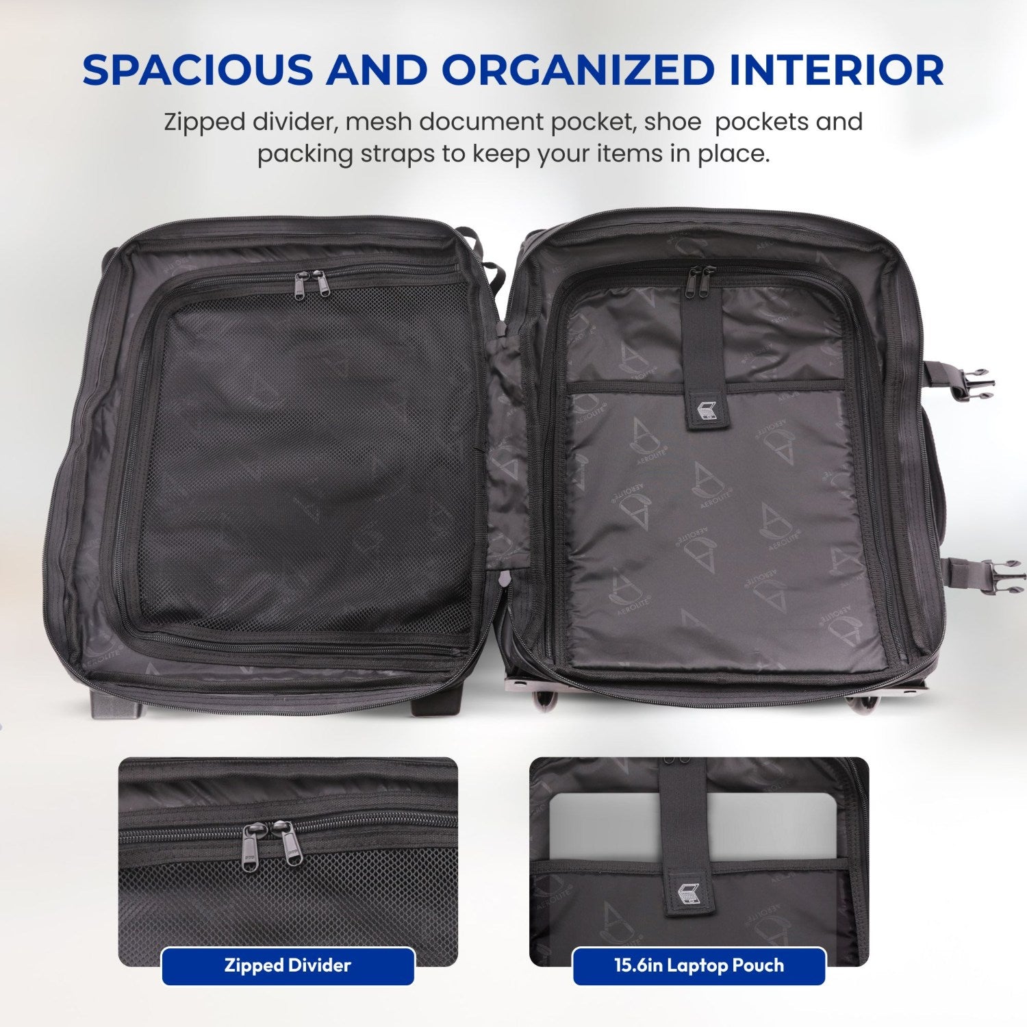 Aerolite Waterproof 45x36x20cm Easyjet Underseat Cabin Bag – 32L Travel Trolley with 2 Wheels, TSA Lock & 15.6” Laptop Compartment – Easyjet Maximum Size Hand Luggage - Black