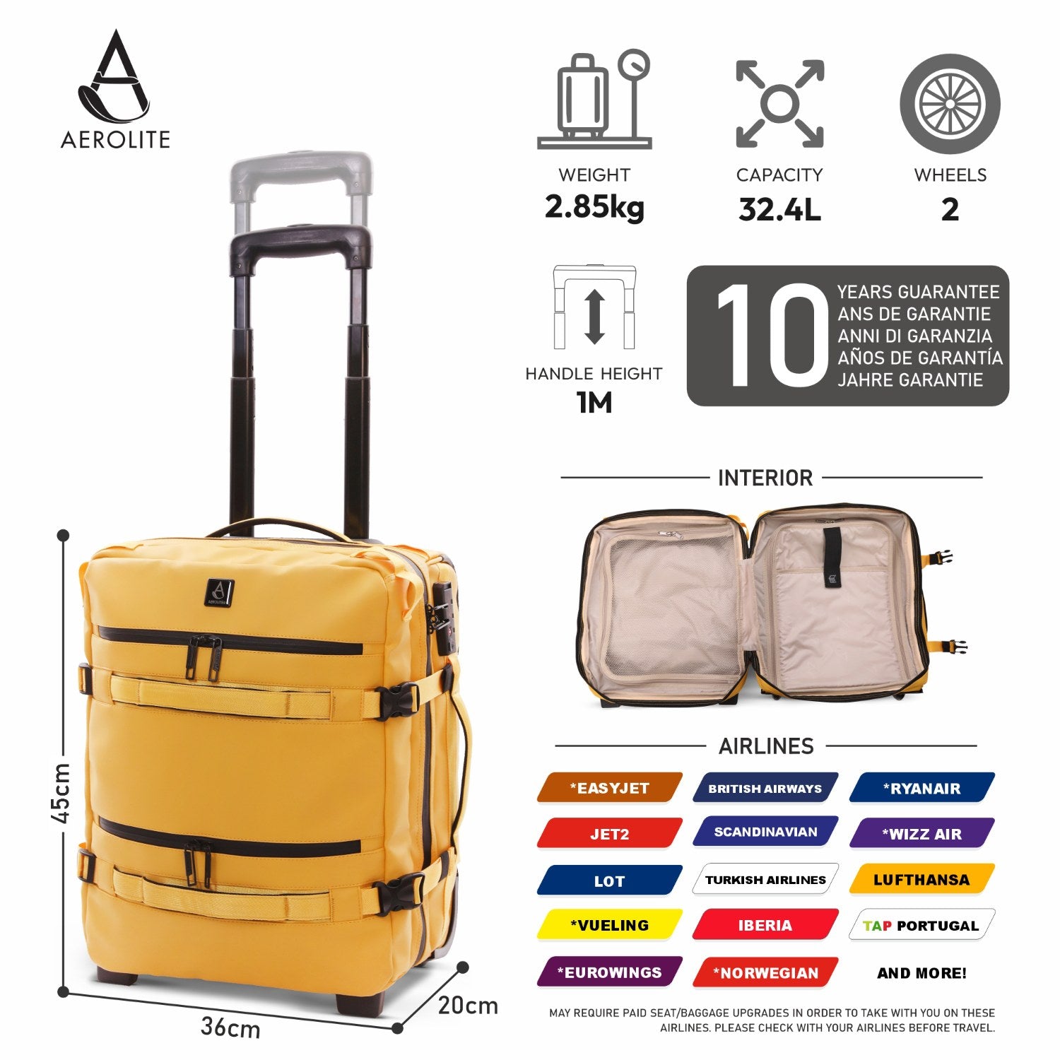 Aerolite Waterproof 45x36x20cm Easyjet Underseat Cabin Bag – 32L Travel Trolley with 2 Wheels, TSA Lock & 15.6” Laptop Compartment – Easyjet Maximum Size Hand Luggage - Mango