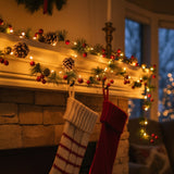 Olsen & Smith Set of 2 x 2m Pre-Decorated Christmas Garland with LED String Lights – Pine Cones, Red Berries, Pine Needles & Bells – Battery Operated Xmas Fairy Lights for Home, Mantel & Table Décor