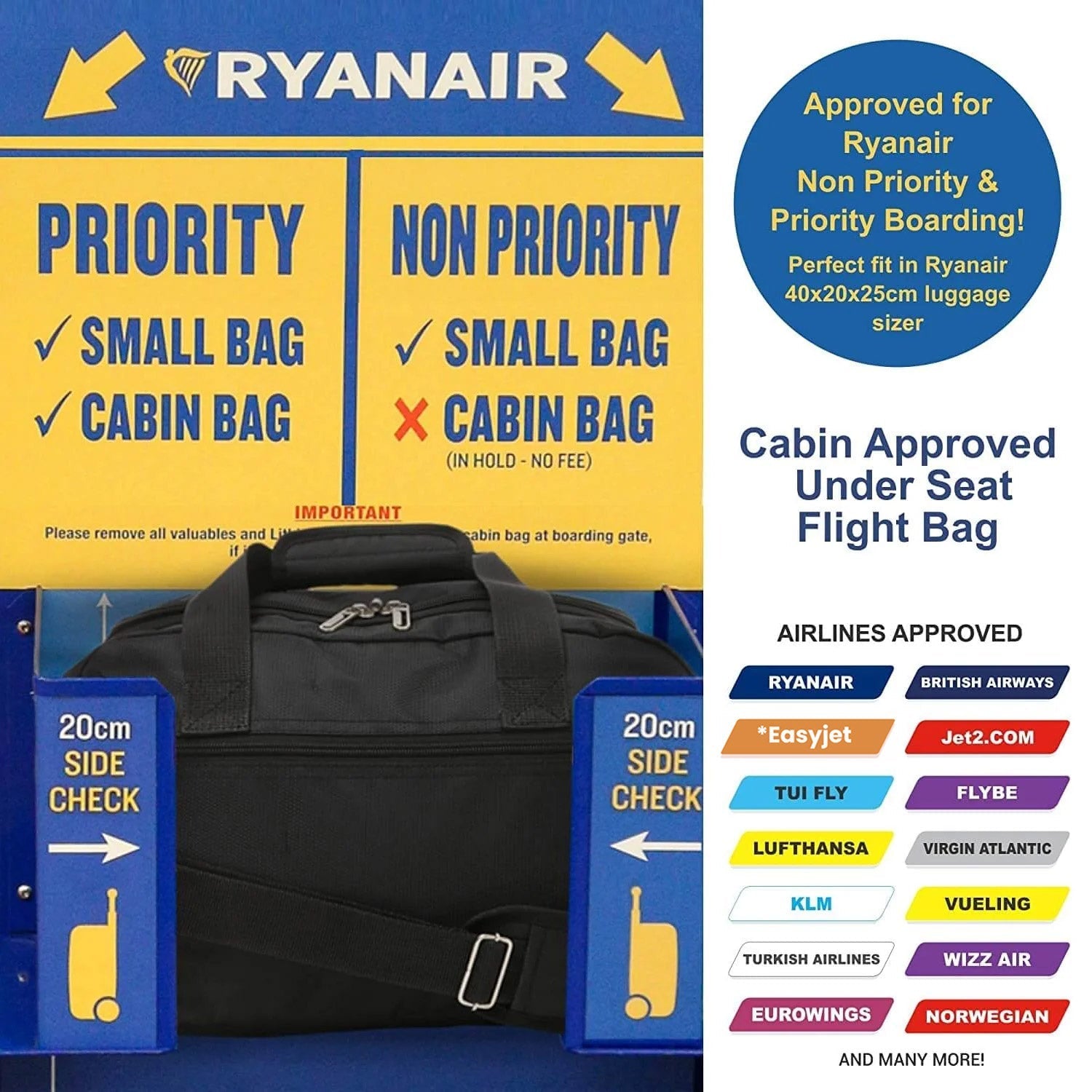 Aerolite (40x20x25cm) New and Improved 2024 Ryanair Maximum Size Holdall Cabin Luggage Under Seat Flight Bag - Packed Direct UK