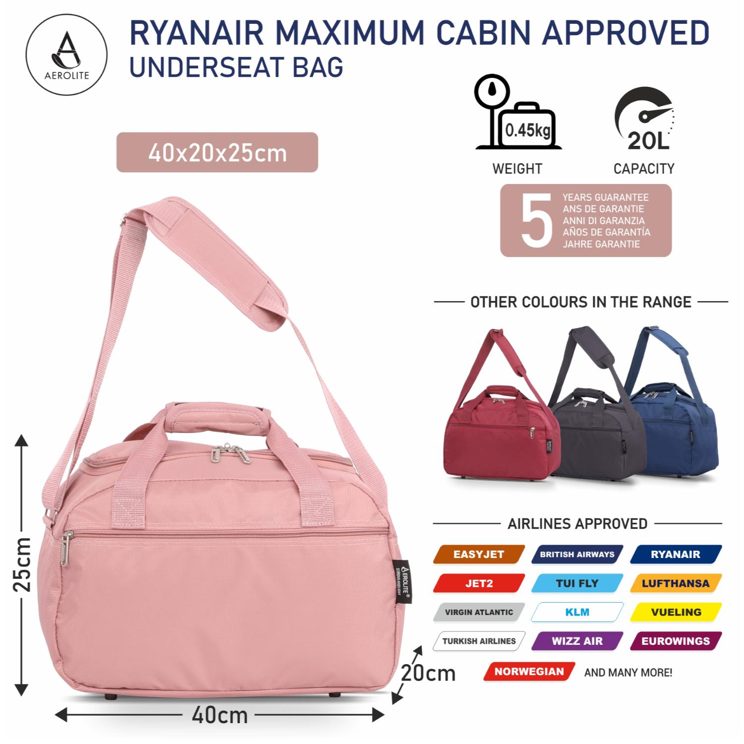 Aerolite (40x20x25cm) New and Improved 2024 Ryanair Maximum Size Holdall Cabin Luggage Under Seat Flight Bag - Packed Direct UK