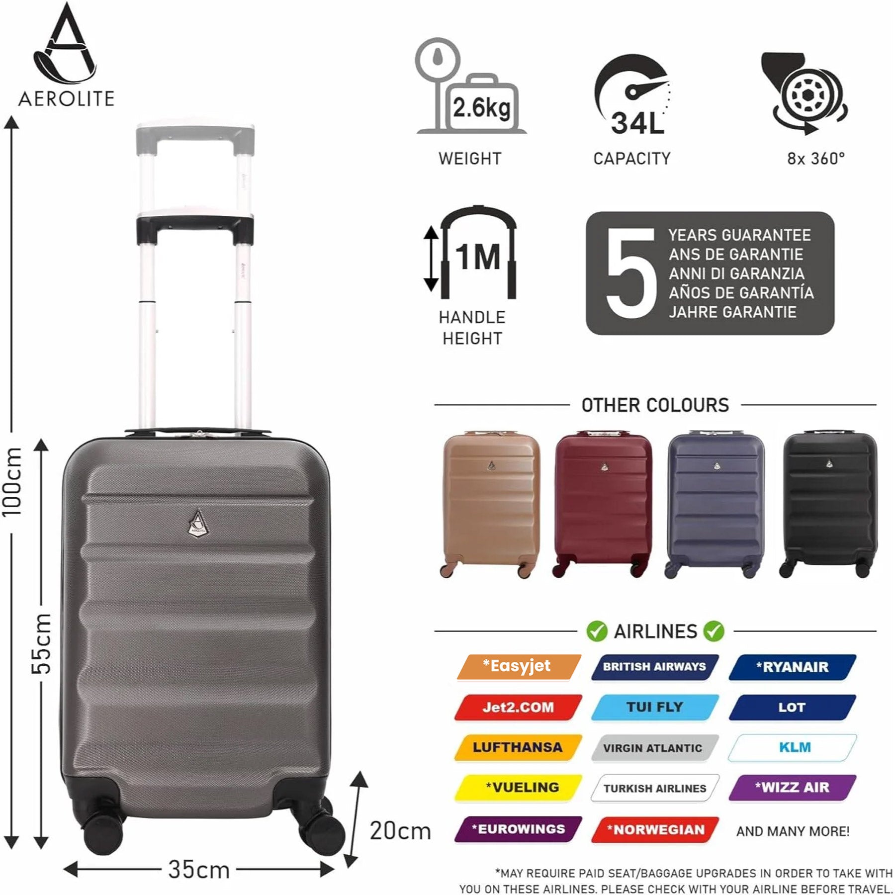 Aerolite 55cm Lightweight Hard Shell 8 Wheels Cabin Suitcase 21" (55x35x20cm), Approved for Ryanair (Priority), easyJet Plus, British Airways, Virgin Atlantic, Jet2 and More - Packed Direct UK