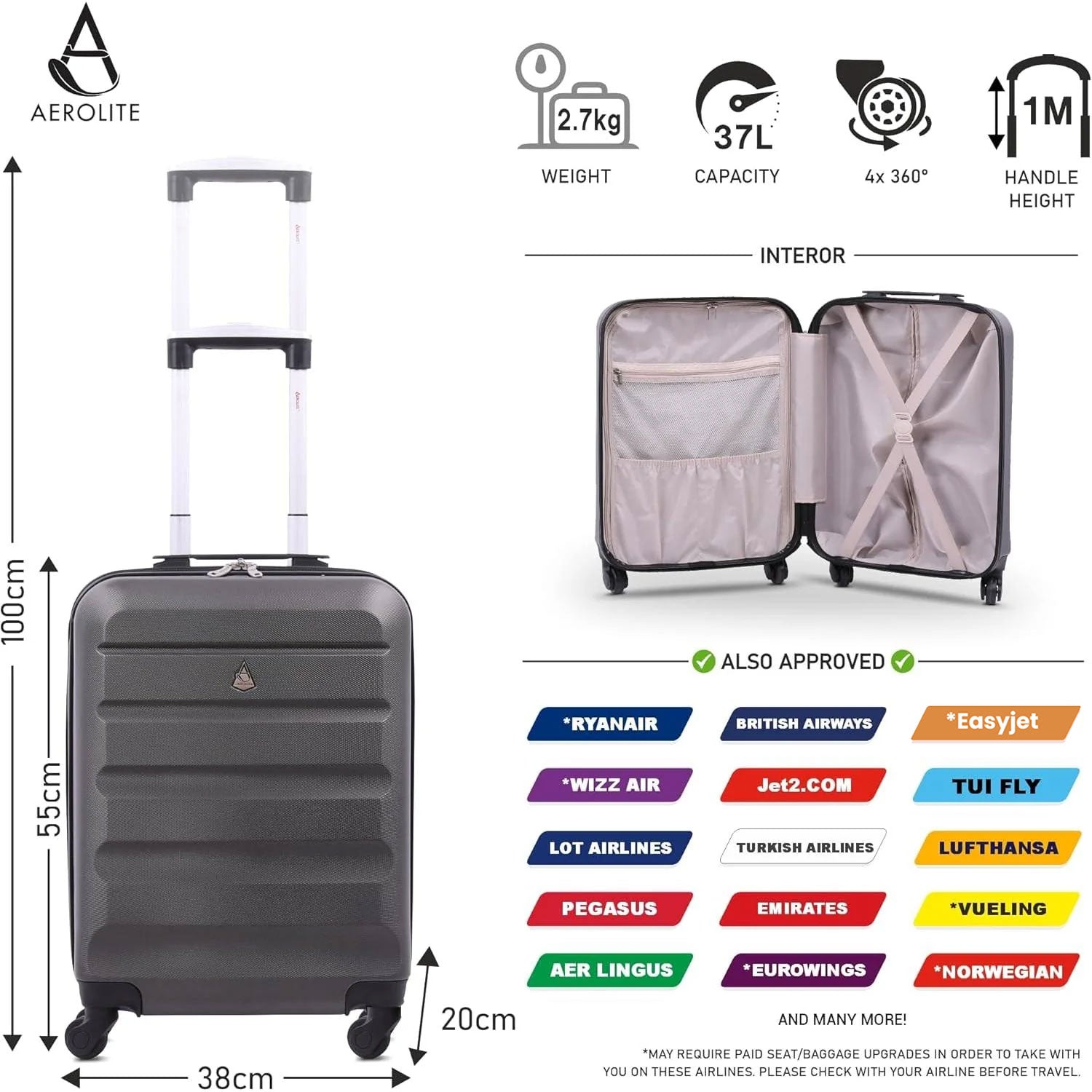 Aerolite 55x38x20cm Emirates Max Size Hard Shell Carry On Hand Cabin Luggage Suitcase 55x38x20 with 4 Wheels,Also Fits Many Other Airlines - Packed Direct UK
