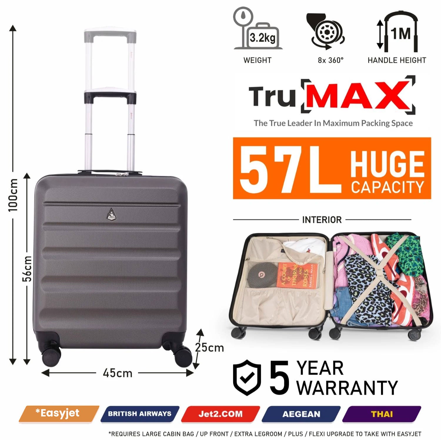 Aerolite (56x45x25cm) Easyjet Maximum Lightweight Hard Shell Cabin Hand Luggage, Maximum Possible Allowance for EasyJet & British Airways - Packed Direct UK