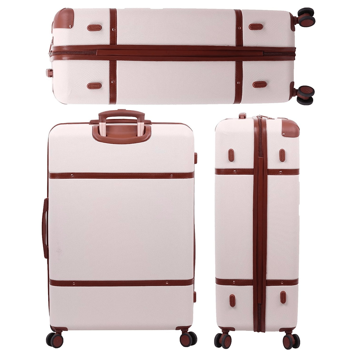 Aerolite Large Ultra Quiet 8 Wheel Stylish Classic Retro Vintage Style ABS Hard Shell Checked Check in Hold Luggage Suitcase with 4 Dual Hinomoto Wheels & TSA Lock, Cream - Packed Direct UK