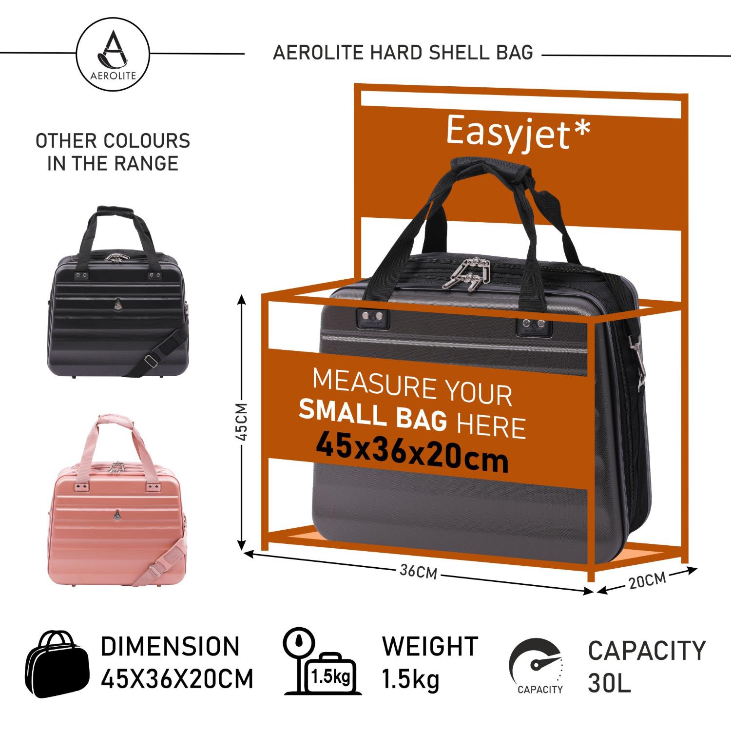Aerolite New Summer 2024 Easyjet Maximum Size 45x36x20cm Hand Cabin Luggage Approved Hard Shell Travel Carry On Holdall Shoulder Under Seat Flight Bag with 2 Year Warranty - Packed Direct UK