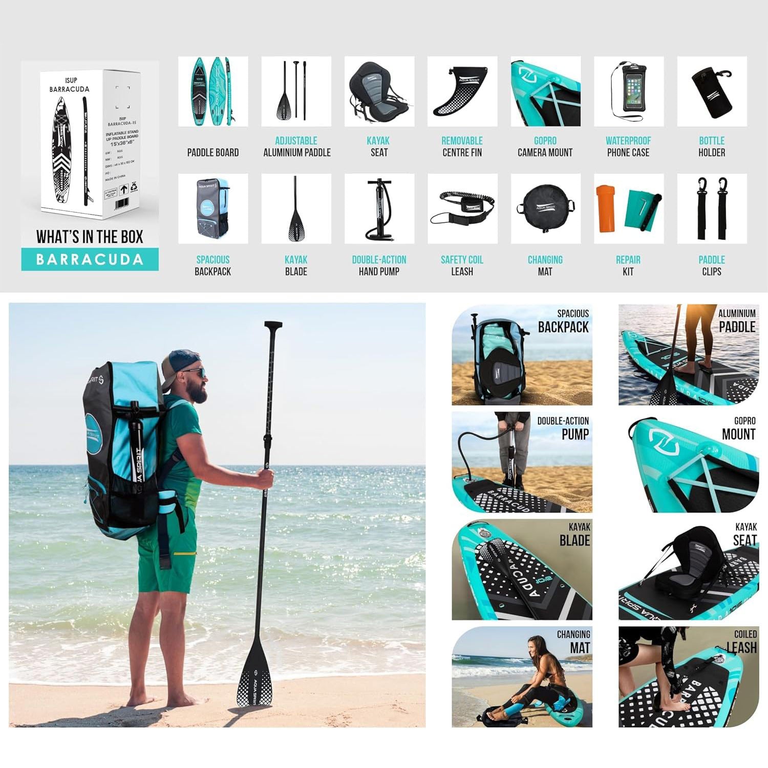 Aqua Spirit Barracuda SUP Inflatable Stand Up Paddle Board 2024, 10'6x32”x6”, Complete Kayak Conversion Kit with Paddle, Backpack, Pump and more accessories, Adult Beginner/Expert, 2 Year Warranty - Packed Direct UK