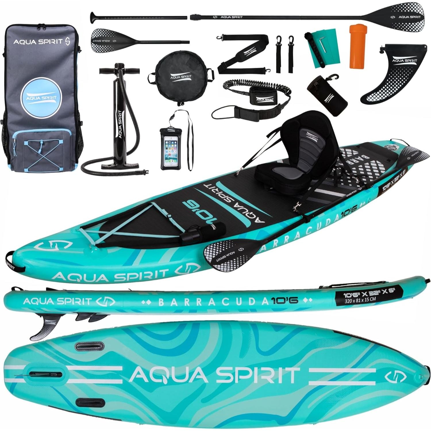 Aqua Spirit Barracuda SUP Inflatable Stand Up Paddle Board 2024, 10'6x32”x6”, Complete Kayak Conversion Kit with Paddle, Backpack, Pump and more accessories, Adult Beginner/Expert, 2 Year Warranty - Packed Direct UK