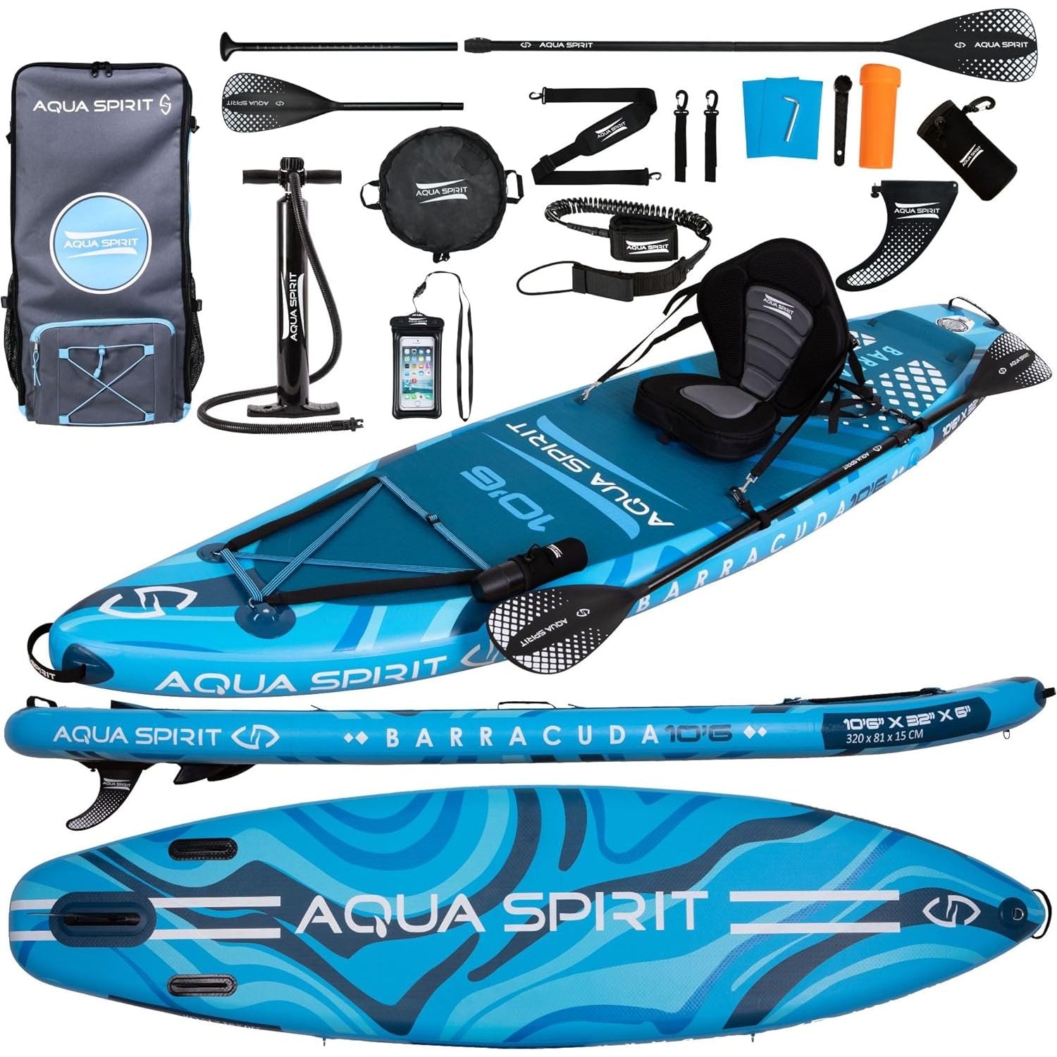 Aqua Spirit Barracuda SUP Inflatable Stand Up Paddle Board 2024, 10'6x32”x6”, Complete Kayak Conversion Kit with Paddle, Backpack, Pump and more accessories, Adult Beginner/Expert, 2 Year Warranty - Packed Direct UK