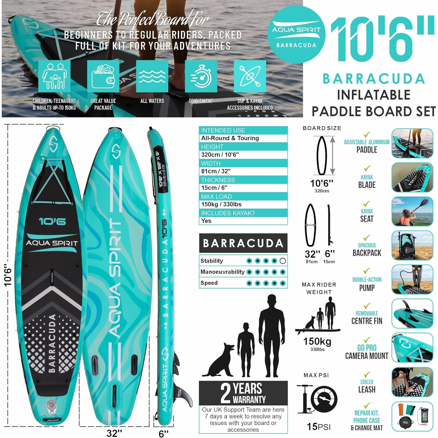 Aqua Spirit Barracuda SUP Inflatable Stand Up Paddle Board 2024, 10'6x32”x6”, Complete Kayak Conversion Kit with Paddle, Backpack, Pump and more accessories, Adult Beginner/Expert, 2 Year Warranty - Packed Direct UK
