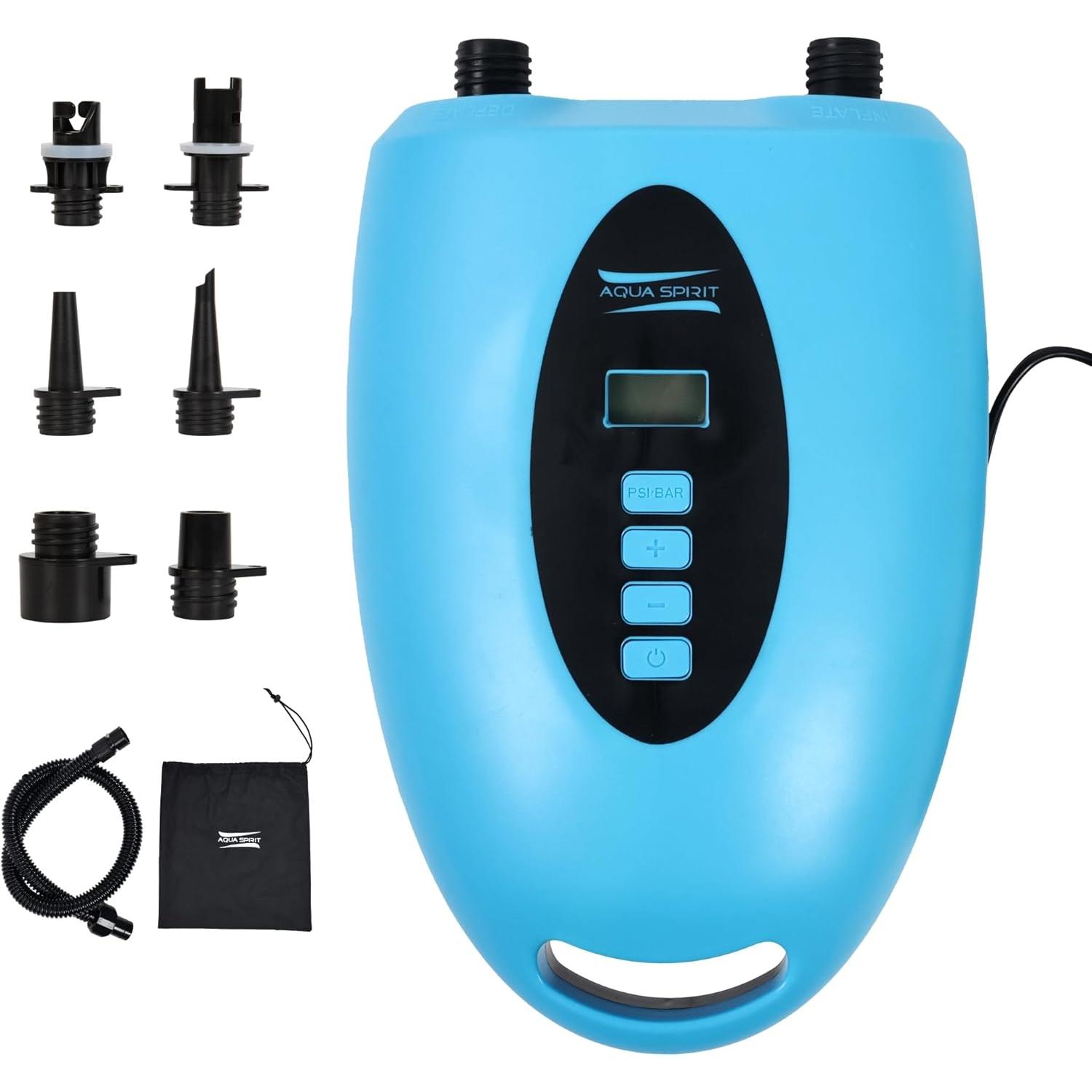 Aqua Spirit Electric SUP Pump Dual Motor with LCD Screen, 20 PSI Max Pressure, Automatic Stop, Compact Design, 6 Nozzles, Drawstring Bag - Ideal for Inflating Paddle Boards, Kayak, Boats and more - Packed Direct UK