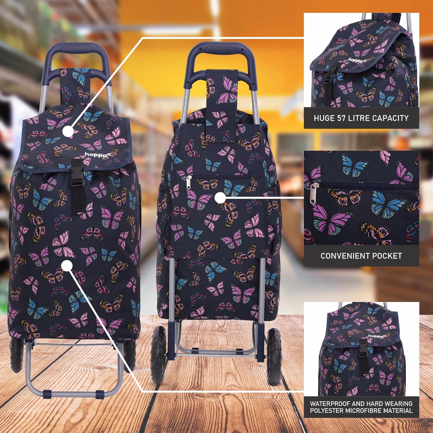 Hoppa 57Ltr Lightweight Shopping Trolley 2024 model, Hard Wearing & Foldaway Push/Pull Cart for Easy Storage With 1 Year Guarantee - Packed Direct UK