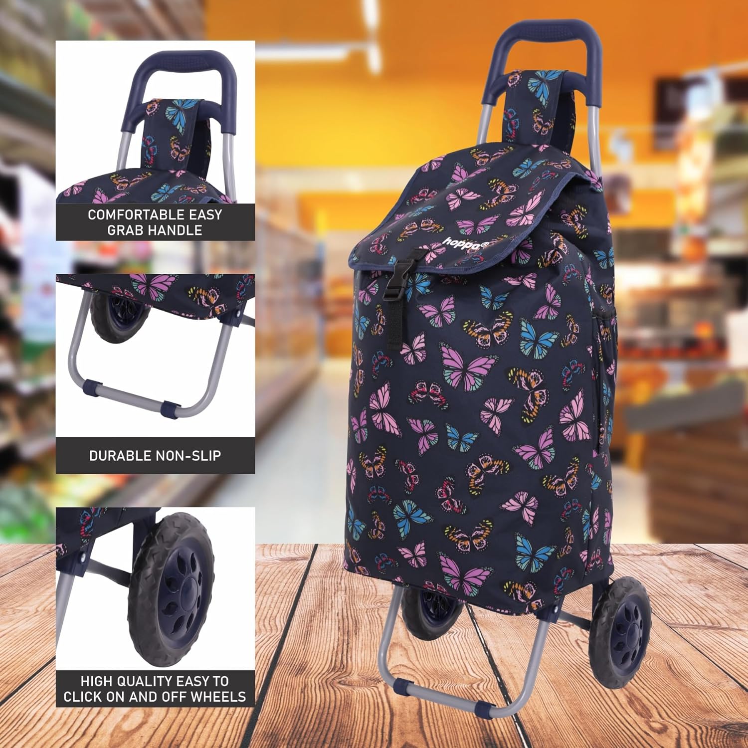 Hoppa 57Ltr Lightweight Shopping Trolley 2024 model, Hard Wearing & Foldaway Push/Pull Cart for Easy Storage With 1 Year Guarantee - Packed Direct UK