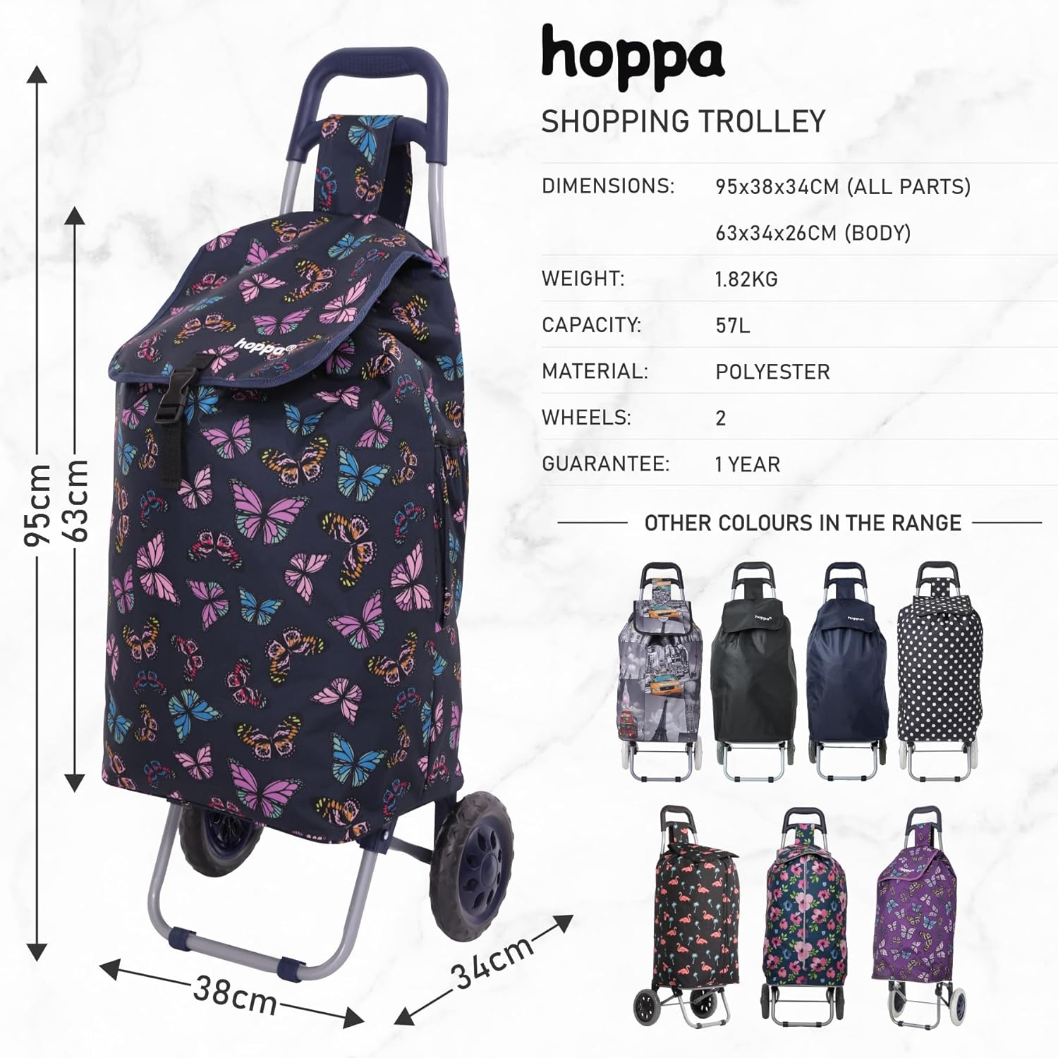 Hoppa 57Ltr Lightweight Shopping Trolley 2024 model, Hard Wearing & Foldaway Push/Pull Cart for Easy Storage With 1 Year Guarantee - Packed Direct UK