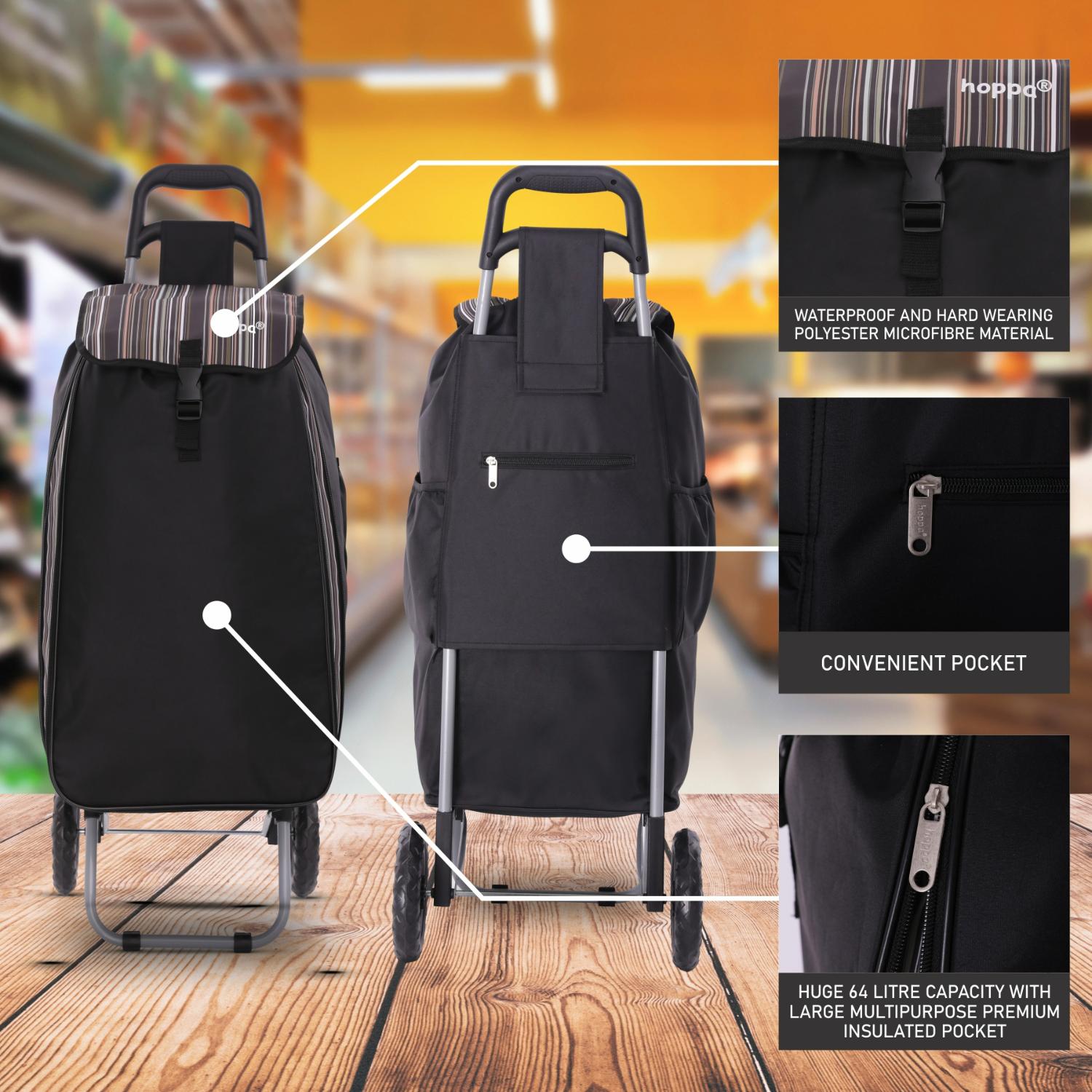 Hoppa Expandable Lightweight Shopping Trolley 57L/64L 2024 model, Hard Wearing & Foldaway Push/Pull Cart for Easy Storage With 1 Year Guarantee - Packed Direct UK