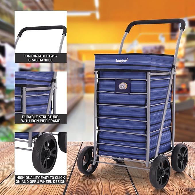 Hoppa Lightweight 4-Wheel Premium 2023 Model Folding Shopping Trolley Extra Large 64L Capacity Shopping Trolley Bag, 95cm, 4.8kg, Push/Pull (Black) - Packed Direct UK