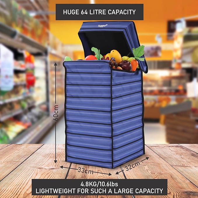 Hoppa Lightweight 4-Wheel Premium 2023 Model Folding Shopping Trolley Extra Large 64L Capacity Shopping Trolley Bag, 95cm, 4.8kg, Push/Pull (Black) - Packed Direct UK