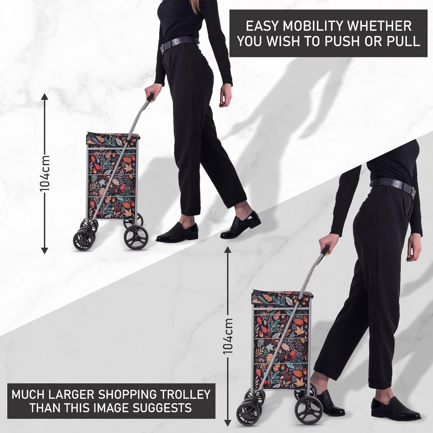 Hoppa Lightweight 6 - Wheel Premium 2024 Model Folding Shopping Trolley Extra Large 75.6L Capacity Shopping Trolley Bag, 95cm, 5.25kg, Push/Pull (Black) - Packed Direct UK