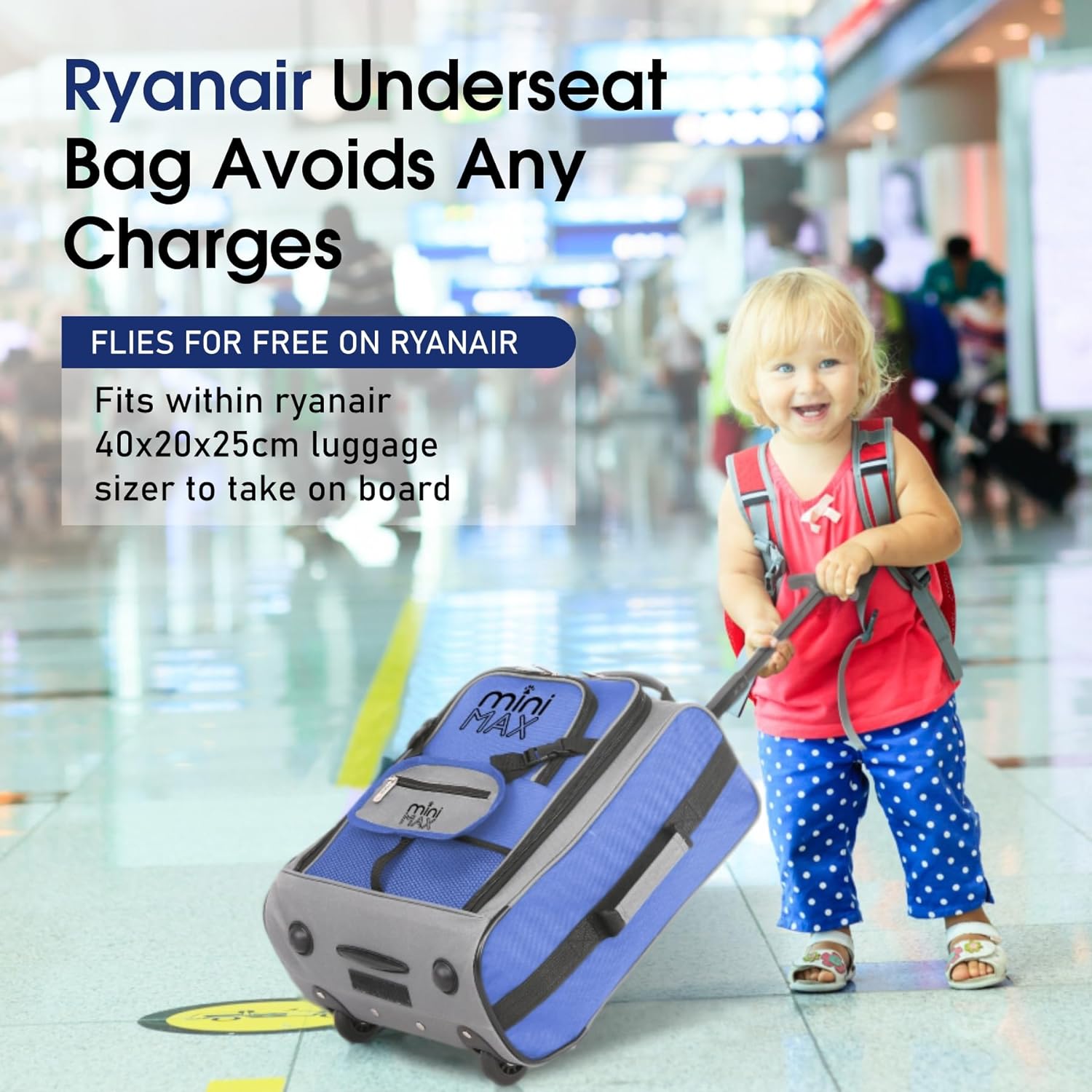Child pulling Aerolite MiniMAX blue trolley backpack at airport