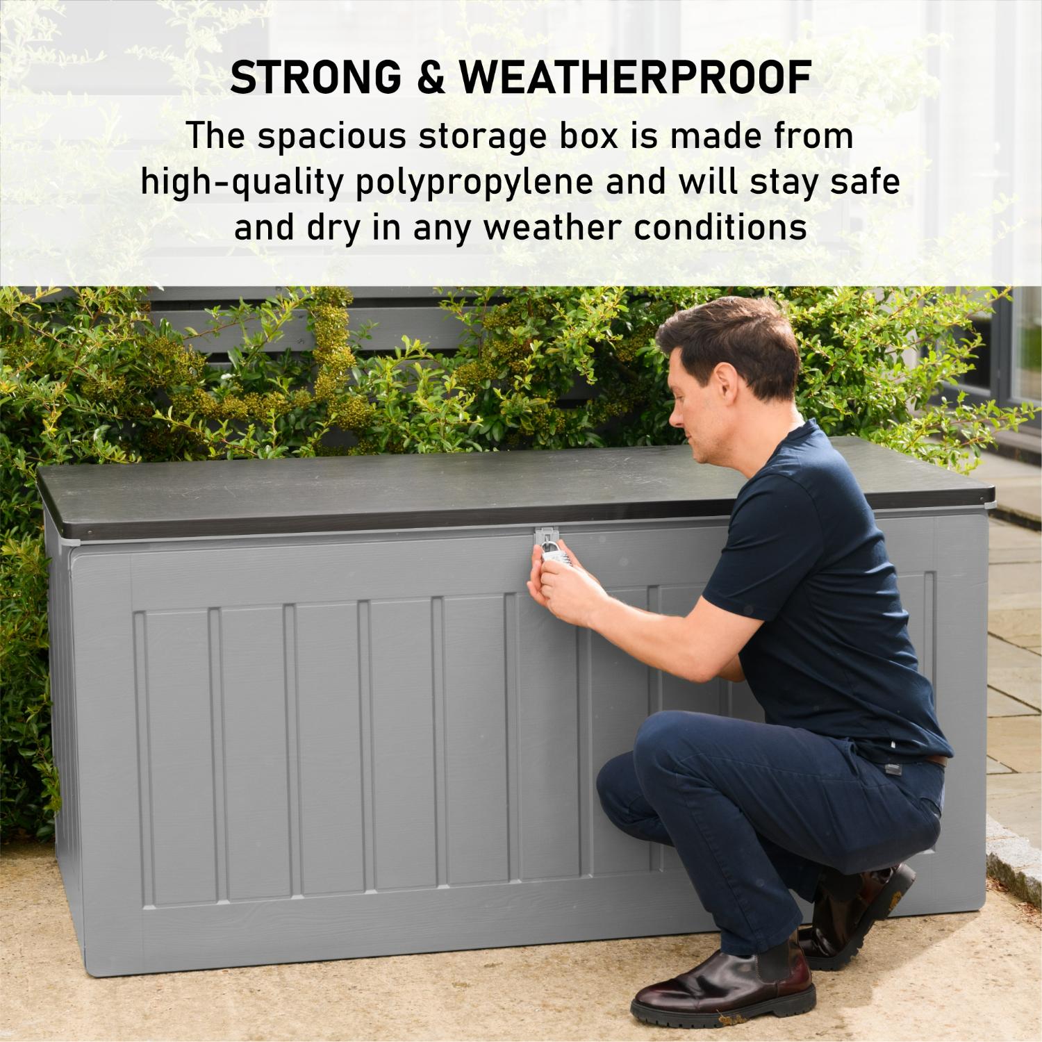 Olsen & Smith 680L/830L MASSIVE Capacity Outdoor Garden Storage Box Plastic Shed - Weatherproof & Sit On with Wood Effect Chest - Packed Direct UK