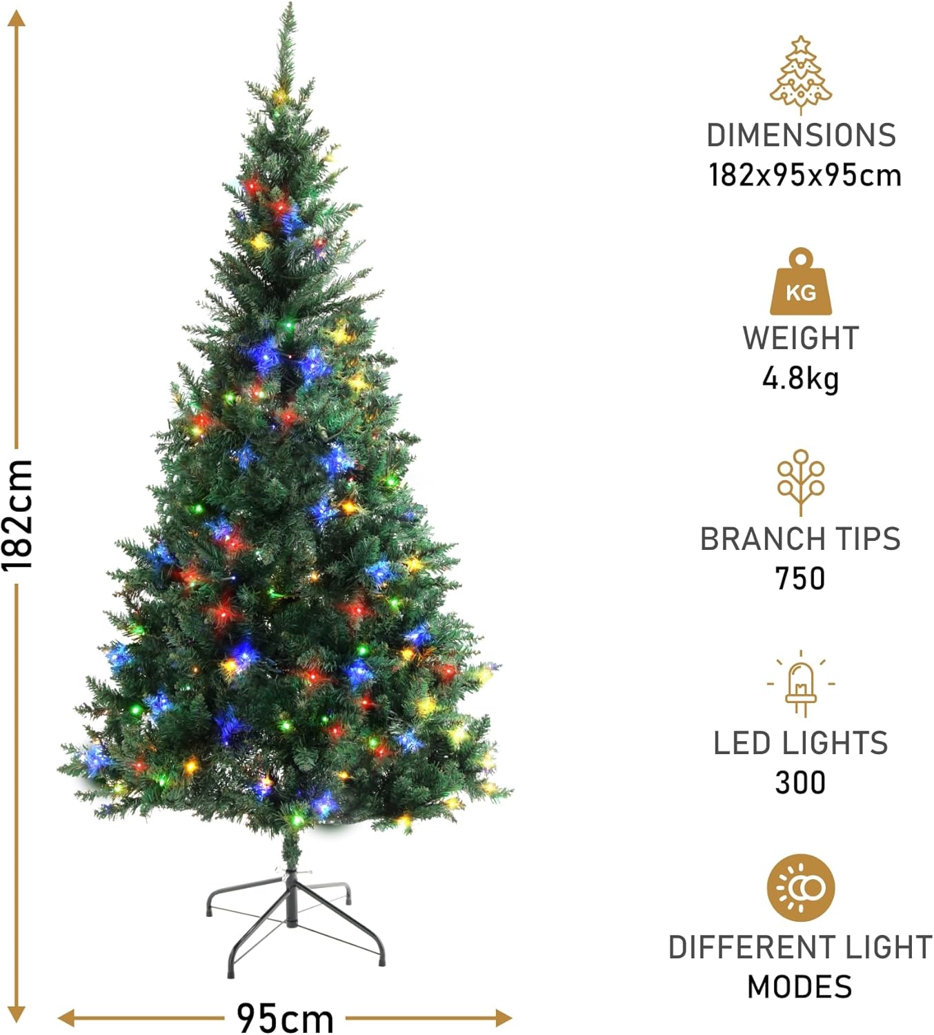 Olsen & Smith 6ft Pre - Lit Christmas Tree - Artificial PVC Xmas Tree with 750 Branch Tips, 300 Multi - Coloured LED Lights, and Sturdy Metal Stand - Perfect for Holiday Home Décor - Packed Direct UK