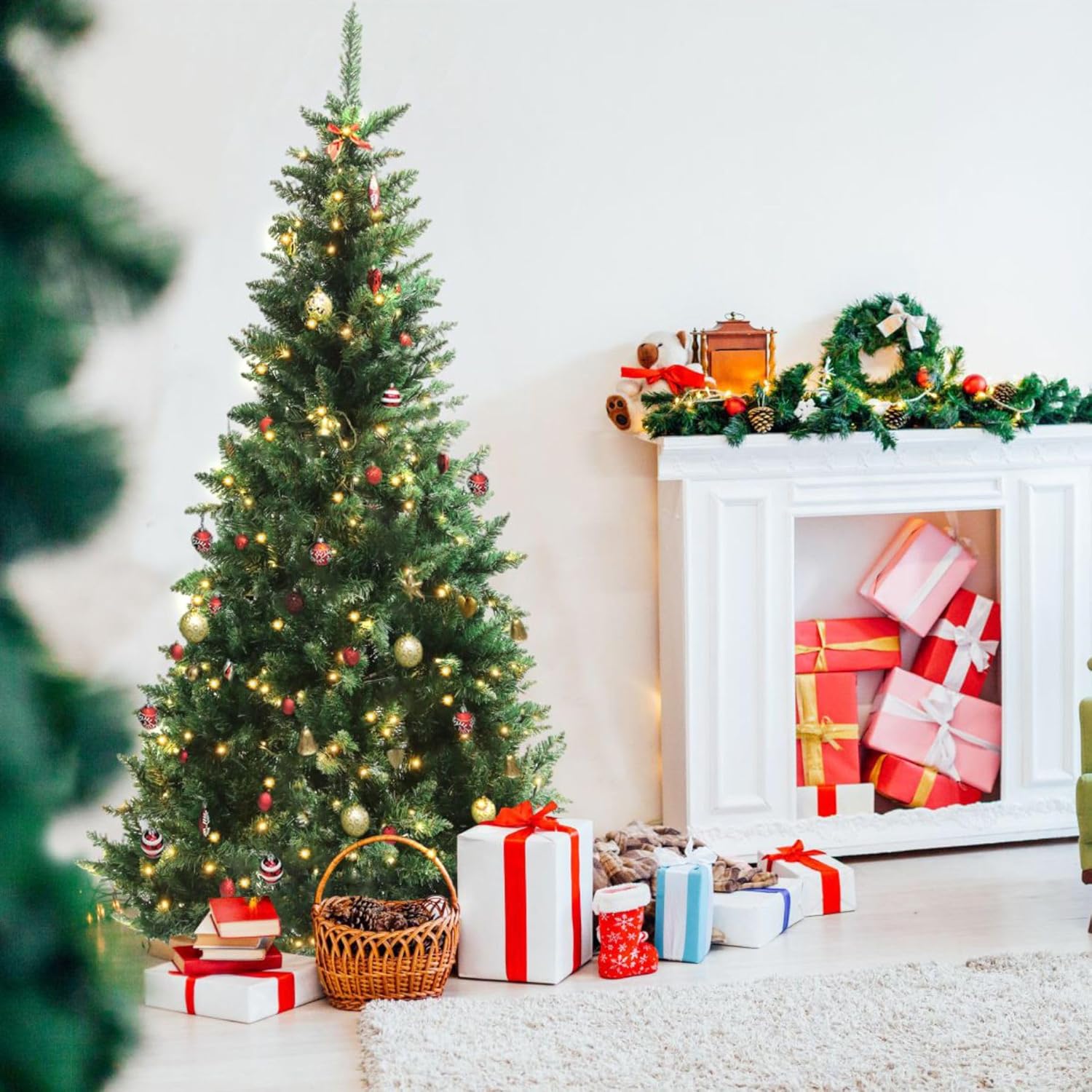 Olsen & Smith Pre - Lit 7ft Premium Victorian Pine Multi - Function Artificial Christmas Tree with Warm White LED Lights, Next Day Delivery Available - Packed Direct UK