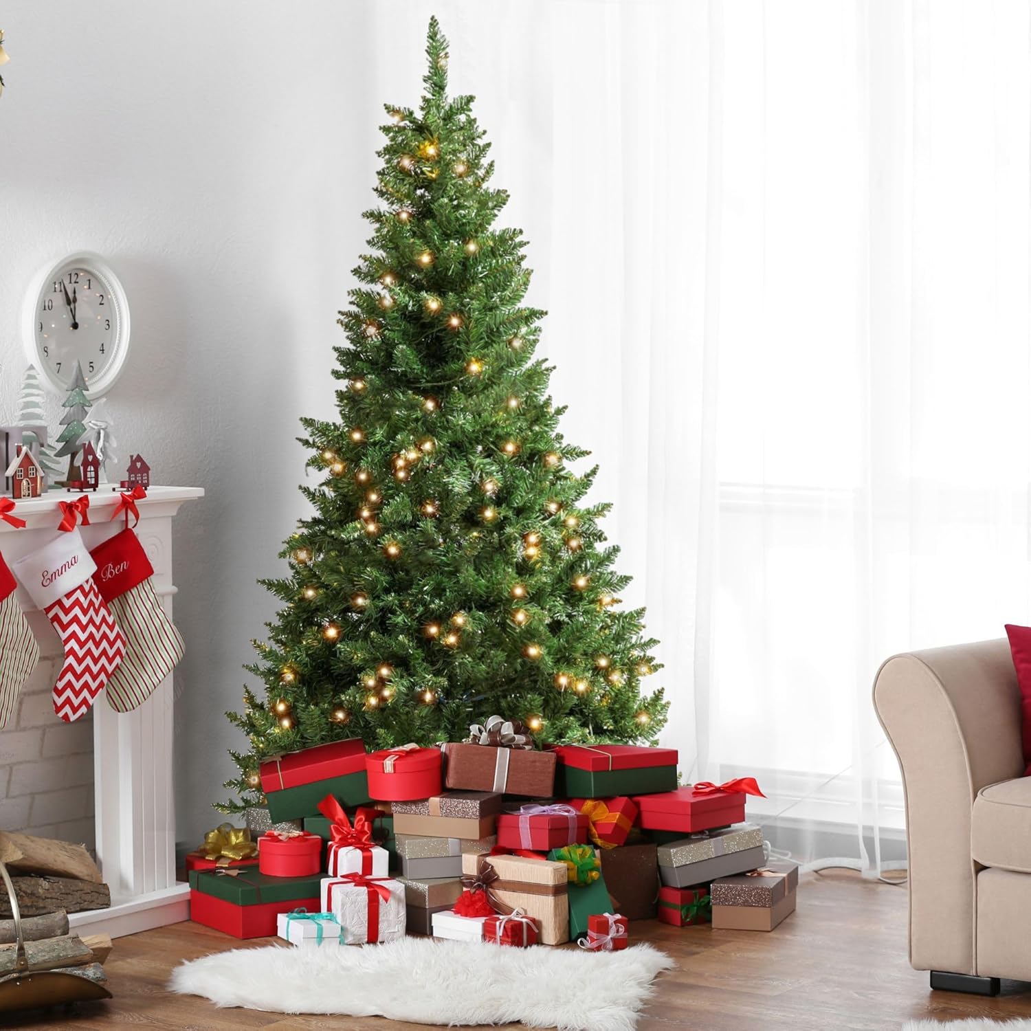 Olsen & Smith Pre - Lit 7ft Premium Victorian Pine Multi - Function Artificial Christmas Tree with Warm White LED Lights, Next Day Delivery Available - Packed Direct UK