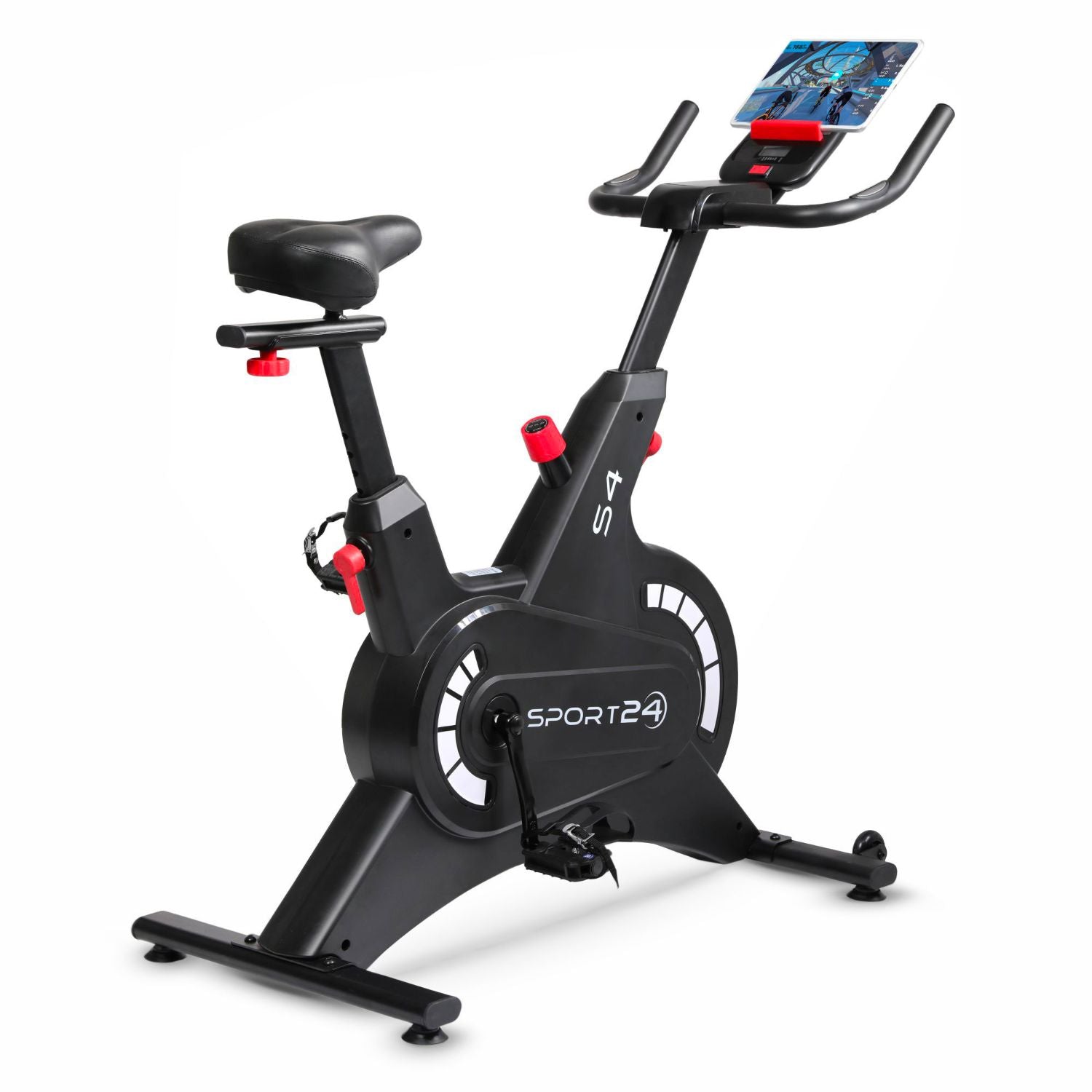 Sport24 Upright Exercise Bike for Home - 8kg Flywheel, Multi - Resistance Levels, LCD Screen, Android/iOS App, Cardio Fitness Spin Bike, Indoor Bicycle Trainer, Black/Red - Packed Direct UK