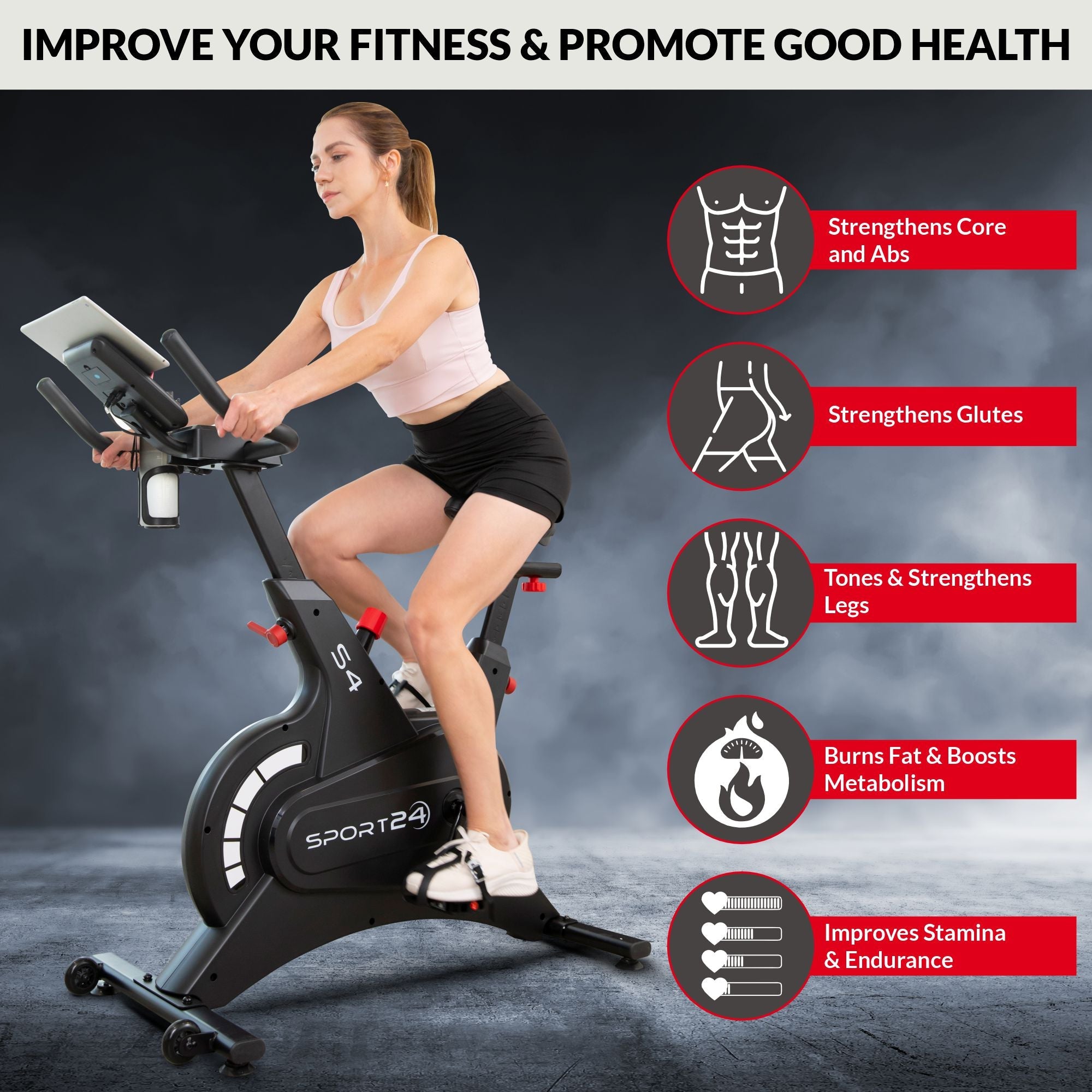 Sport24 Upright Exercise Bike for Home - 8kg Flywheel, Multi - Resistance Levels, LCD Screen, Cardio Fitness Spin Bike, Indoor Bicycle Trainer, Black/Red - Packed Direct UK
