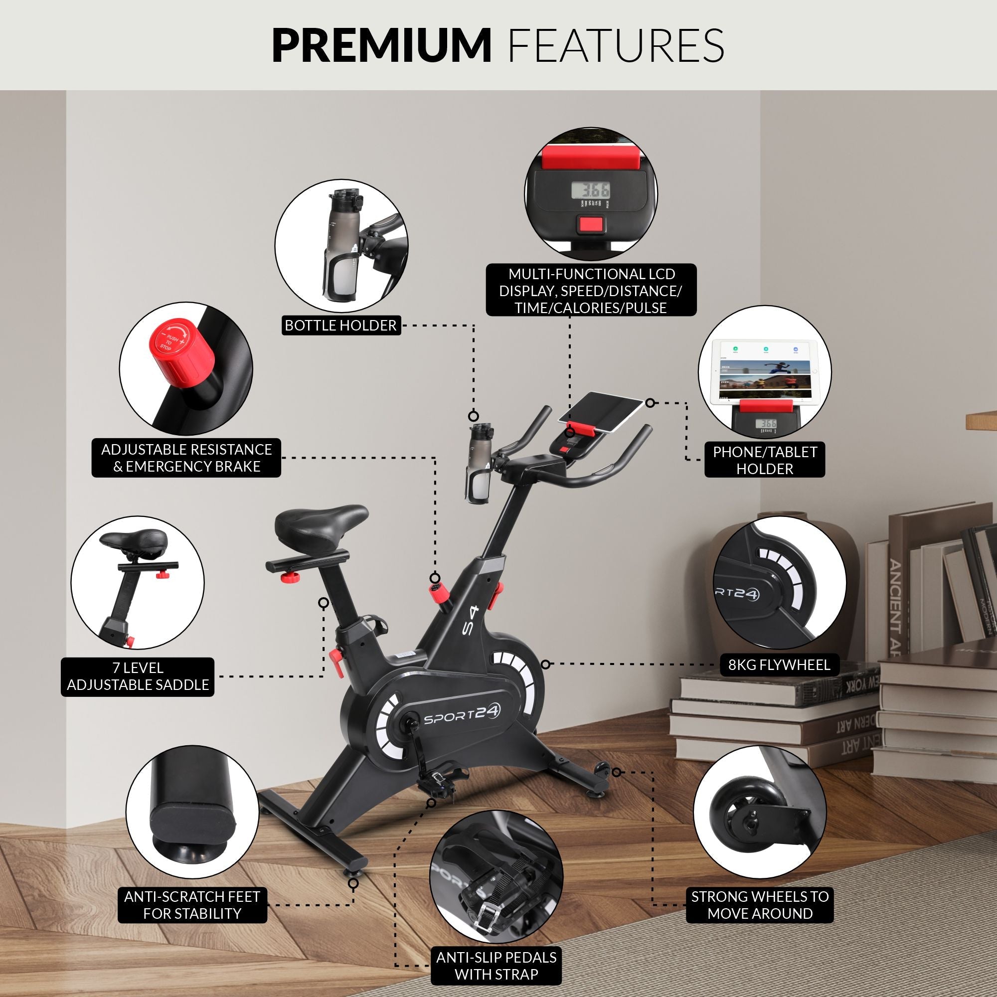 Sport24 Upright Exercise Bike for Home - 8kg Flywheel, Multi - Resistance Levels, LCD Screen, Cardio Fitness Spin Bike, Indoor Bicycle Trainer, Black/Red - Packed Direct UK