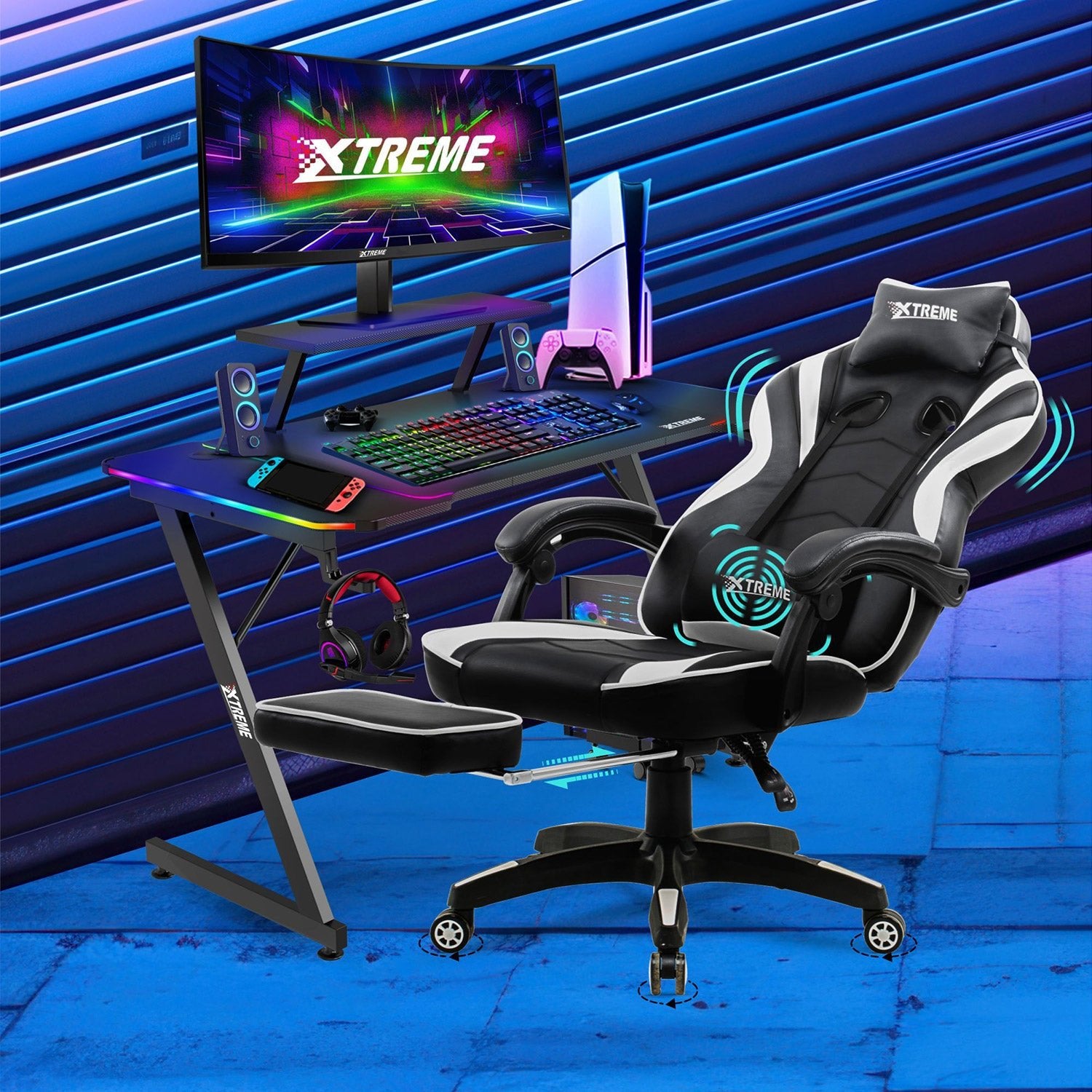 XTREME Gaming Chair (Black/White) & Gaming Desk With Detachable Shelf - Packed Direct UK