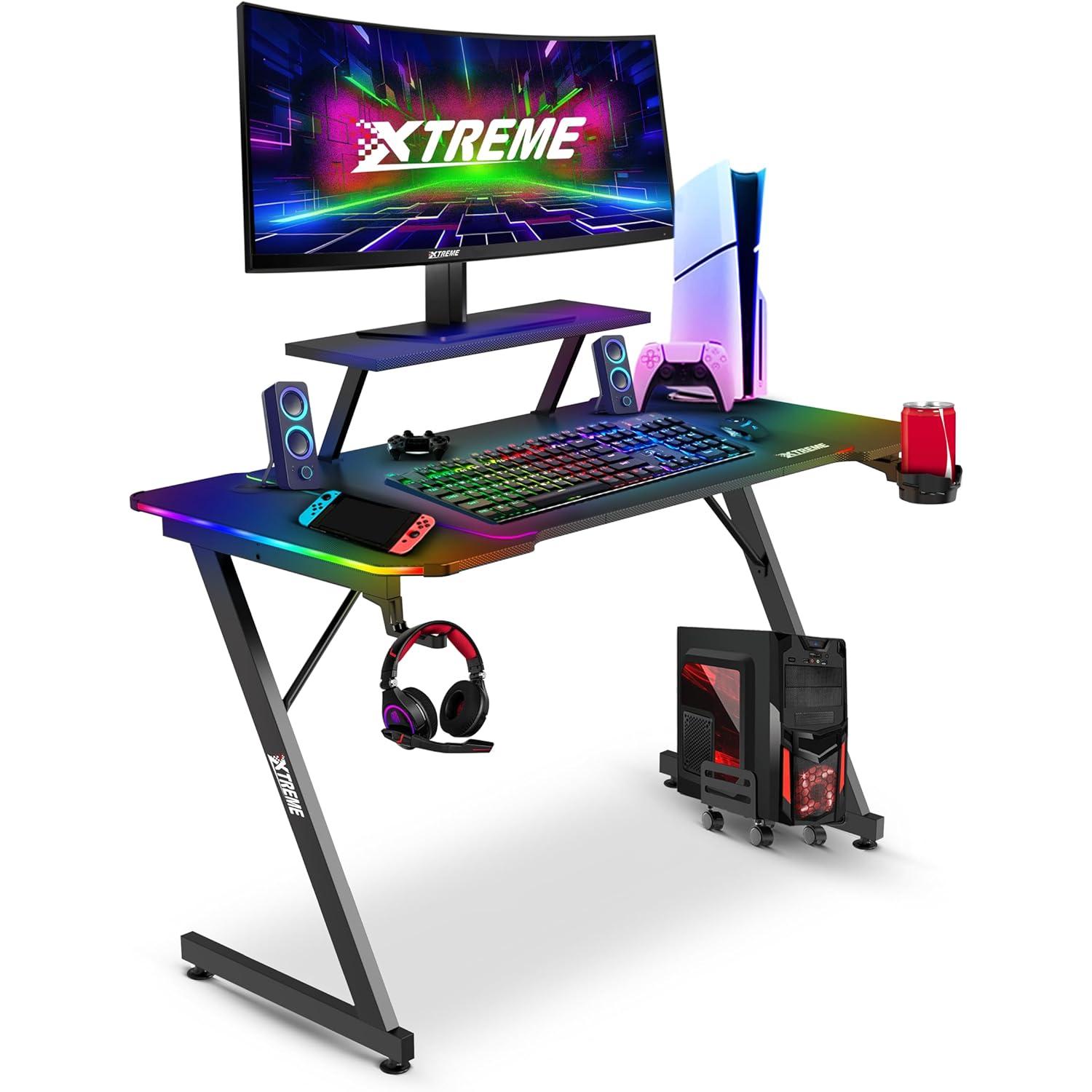 XTREME Gaming Chair (Black/White) & Gaming Desk With Detachable Shelf - Packed Direct UK