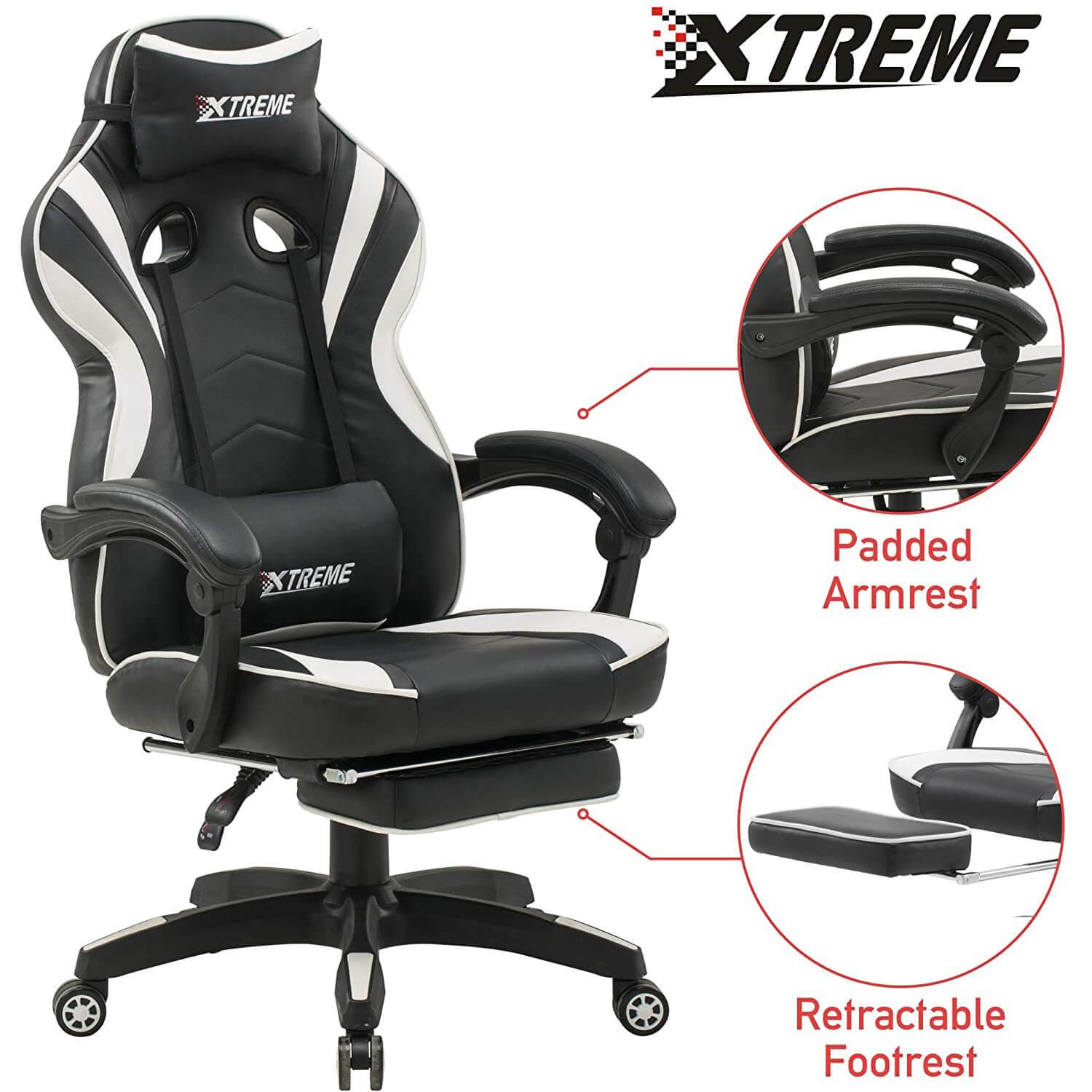 XTREME Gaming Chair (Black/White) & Gaming Desk With Detachable Shelf - Packed Direct UK