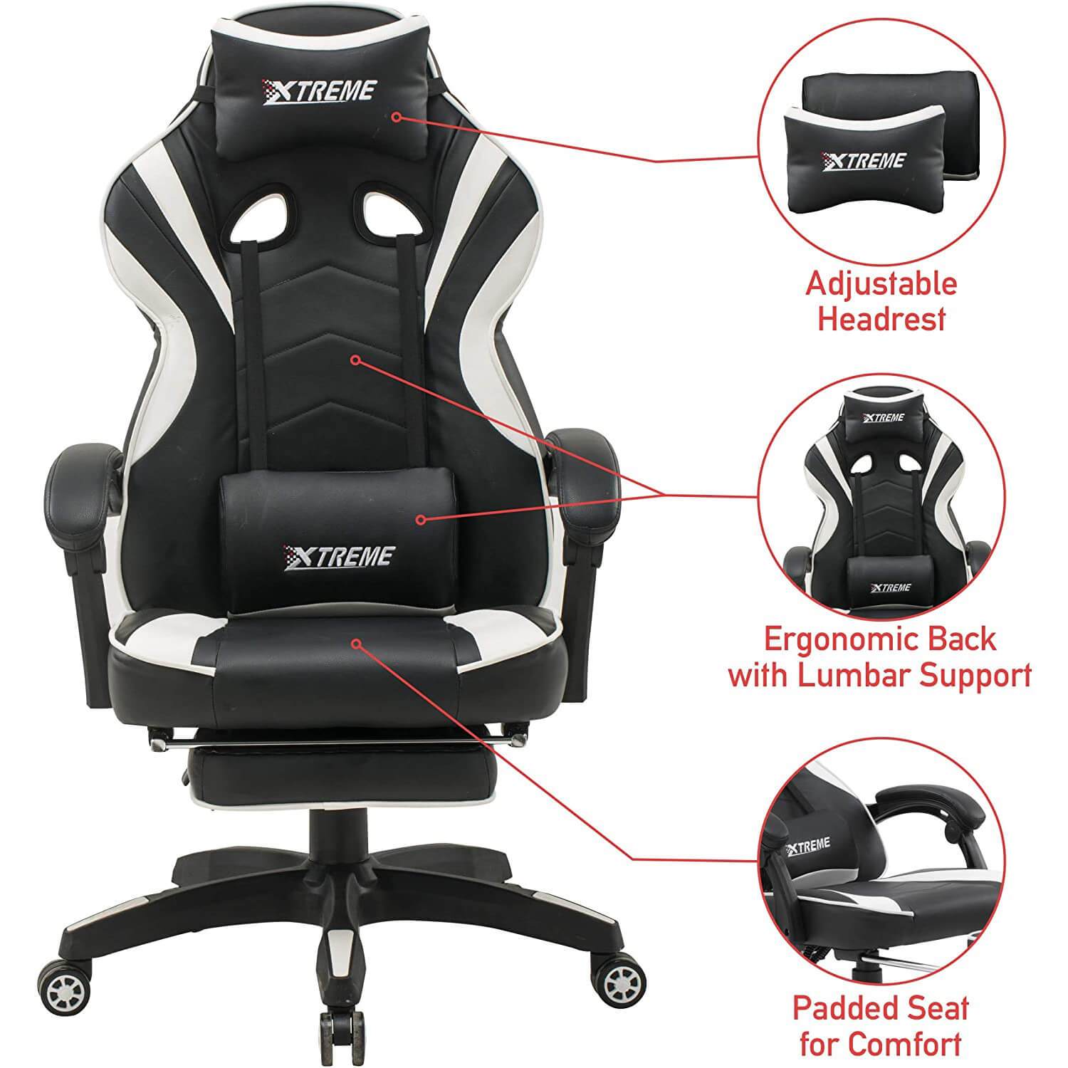 XTREME Gaming Chair (Black/White) & Gaming Desk With Detachable Shelf - Packed Direct UK