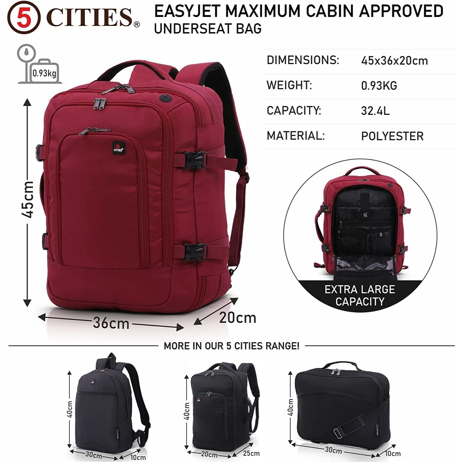 5 CITIES 45x36x20 New and Improved 2022 easyJet Maximum Size Holdall Cabin Luggage Under Seat Flight Bag, Black - Packed Direct UK