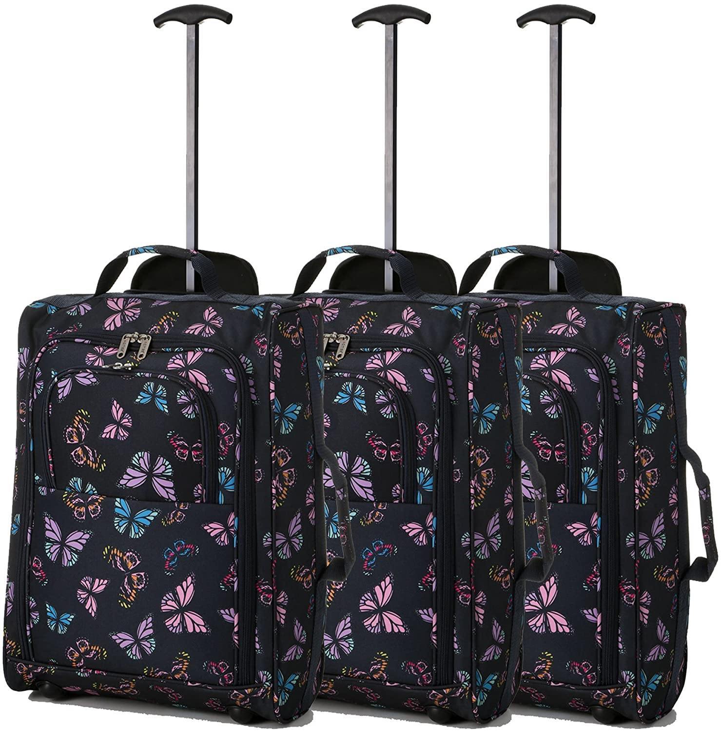 5 Cities (55x35x20cm) Lightweight Cabin Hand Luggage Set (Black + Navy + Green) - Packed Direct UK