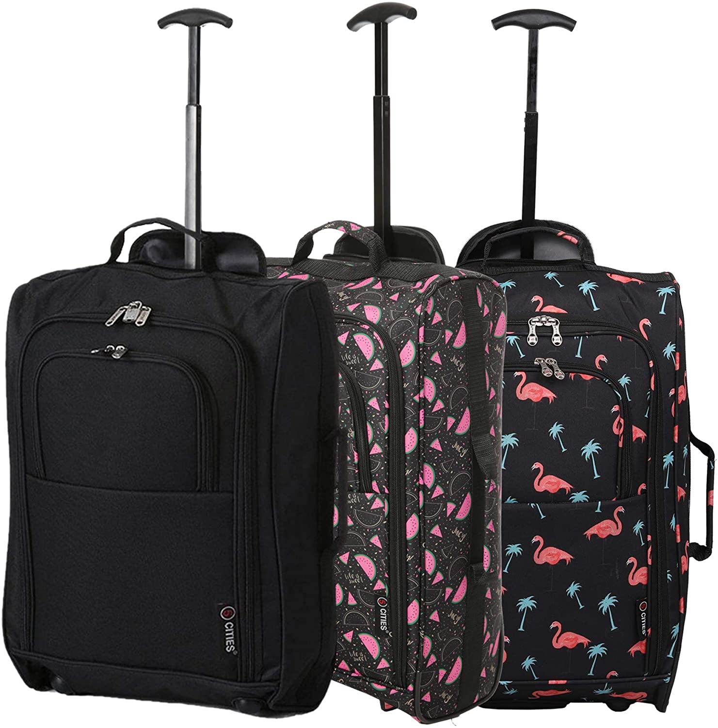 5 Cities (55x35x20cm) Lightweight Cabin Hand Luggage Set (Black + Navy + Green) - Packed Direct UK