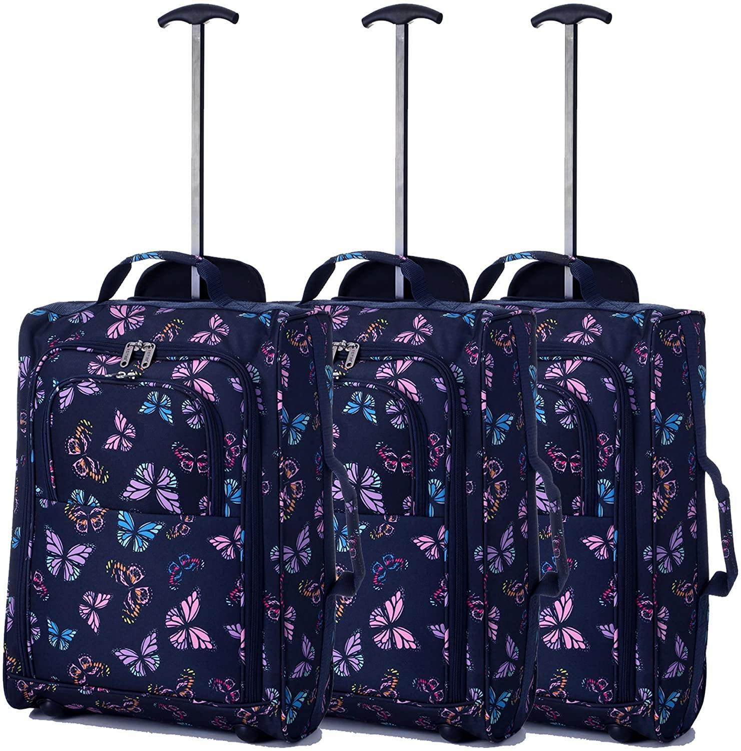 5 Cities (55x35x20cm) Lightweight Cabin Hand Luggage Set (Black + Navy + Green) - Packed Direct UK