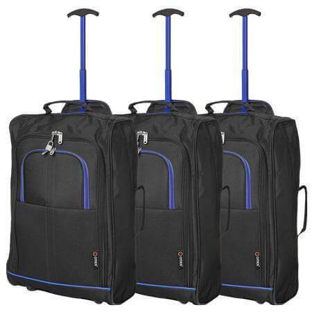 5 Cities (55x35x20cm) Lightweight Cabin Hand Luggage Set (Black + Navy + Green) - Packed Direct UK