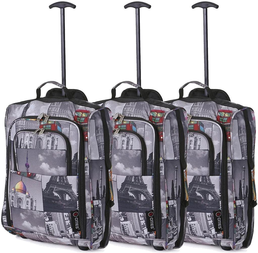 5 Cities (55x35x20cm) Lightweight Cabin Hand Luggage Set (Black + Navy + Green) - Packed Direct UK