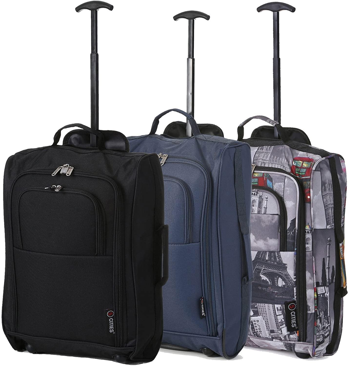 5 Cities (55x35x20cm) Lightweight Cabin Hand Luggage Set (Black + Navy + Green) - Packed Direct UK