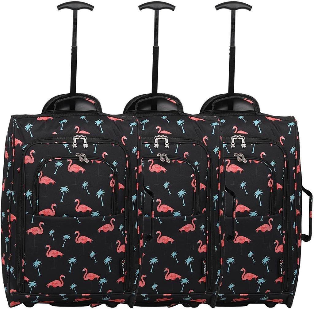 5 Cities (55x35x20cm) Lightweight Cabin Hand Luggage Set (Black + Navy + Green) - Packed Direct UK