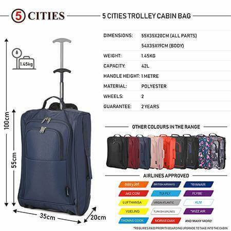 5 Cities (55x35x20cm) Lightweight Cabin Hand Luggage Set (Black + Navy + Green) - Packed Direct UK