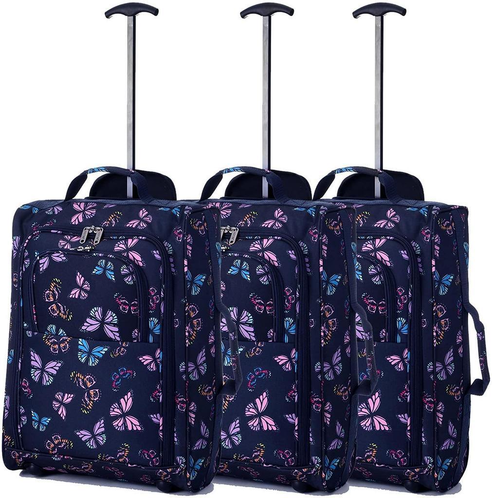 5 Cities (55x35x20cm) Lightweight Cabin Hand Luggage Set (Black + Navy + Green) - Packed Direct UK