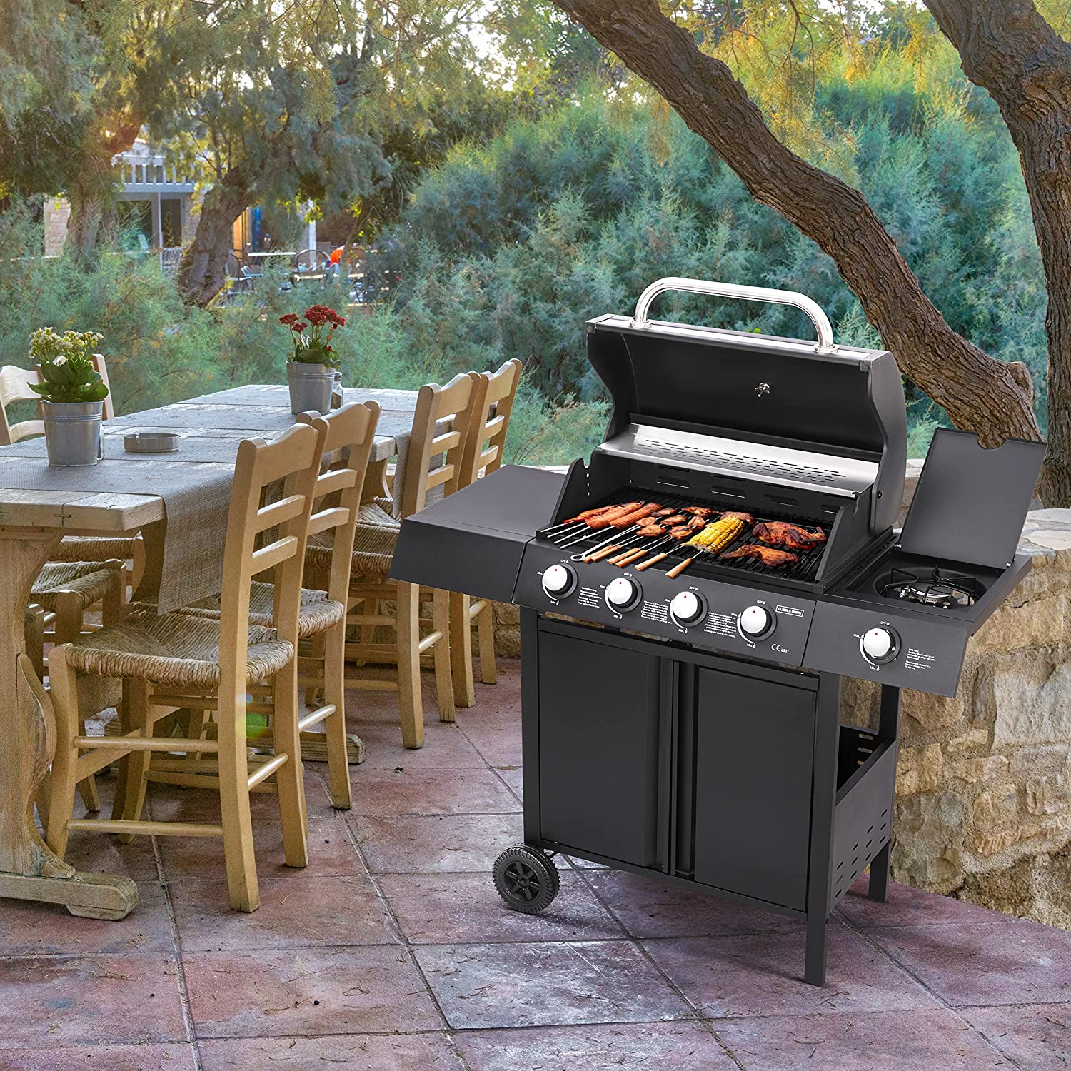 Olsen & Smith 4+1 Gas Burner Garden Outdoor BBQ Barbecue Grill, 4 Burners with Side Burner Hotplate, Adjustable Heat Dials & Storage, 2 Wheels - Black