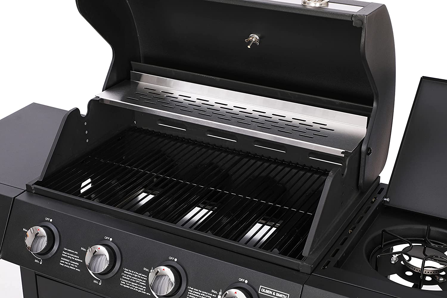 Olsen & Smith 4+1 Gas Burner Garden Outdoor BBQ Barbecue Grill, 4 Burners with Side Burner Hotplate, Adjustable Heat Dials & Storage, 2 Wheels - Black